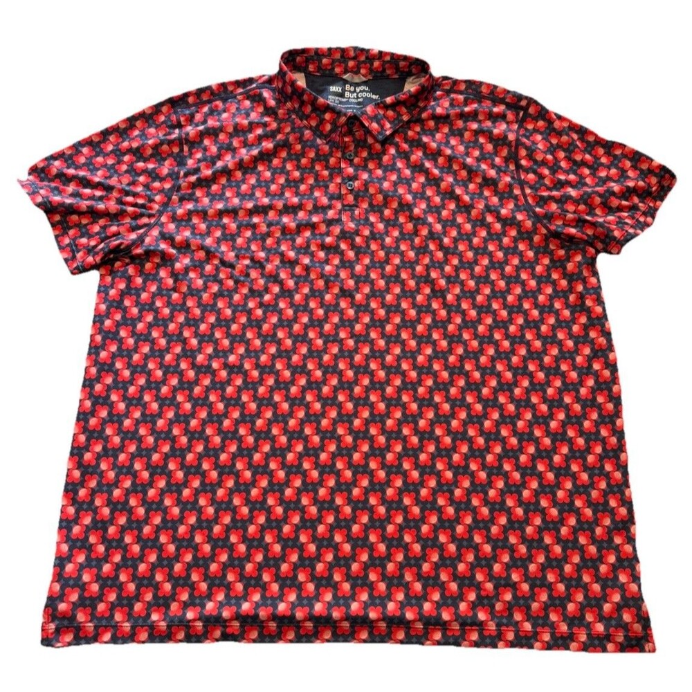 SAXX DropTemp Cooling Polo Shirt Mens XXL Navy Red Geometric UPF 50 SXCP10